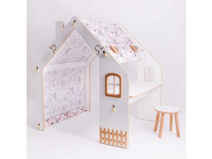 Spielhaus mit Tisch und Stuhl - rosa Blumen