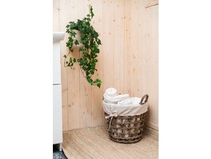 Rattan Aufbewahrungskorb mit weißem Stoff, rund - grau
