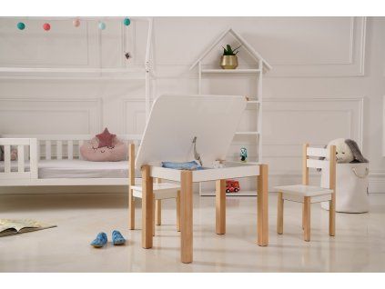 Dětský stolek otevírací se dvěma přihrádkami bílo-přírodní v dětském pokoji
